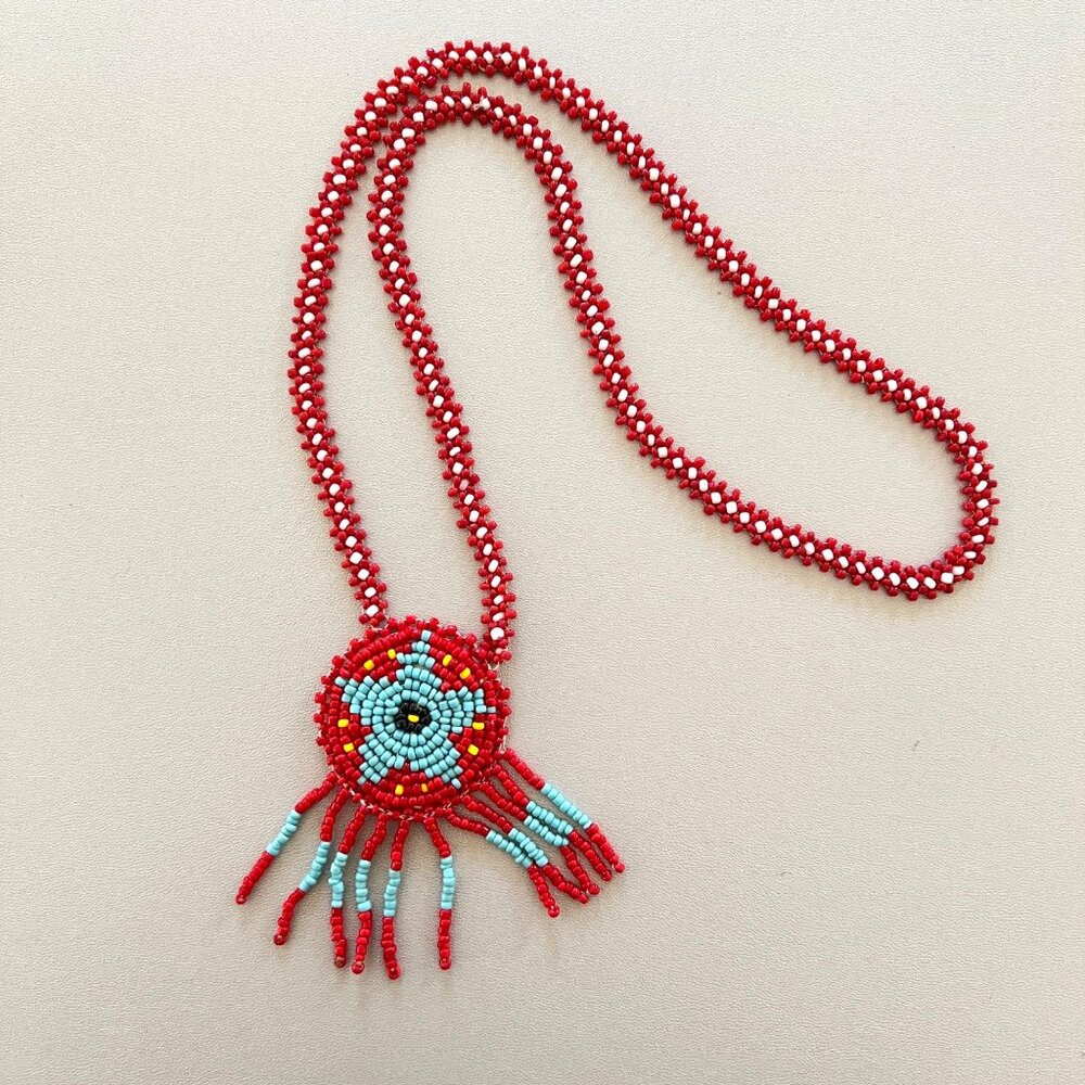 Native American Style Red Turquoise Seed Bead Star Medallion Necklace 28"